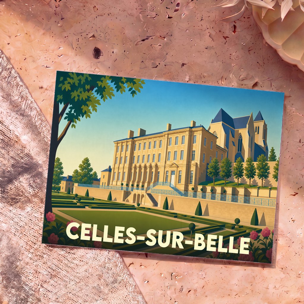 Carte postale souvenir de la ville de Celles-sur-Belle avec une illustration stylisée de son abbaye et de ses jardins.