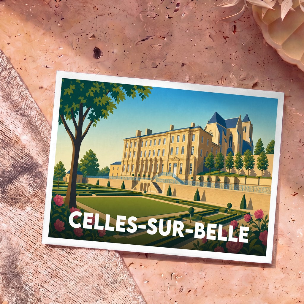 Carte postale souvenir de la ville de Celles-sur-Belle avec une illustration stylisée de son abbaye et de ses jardins.