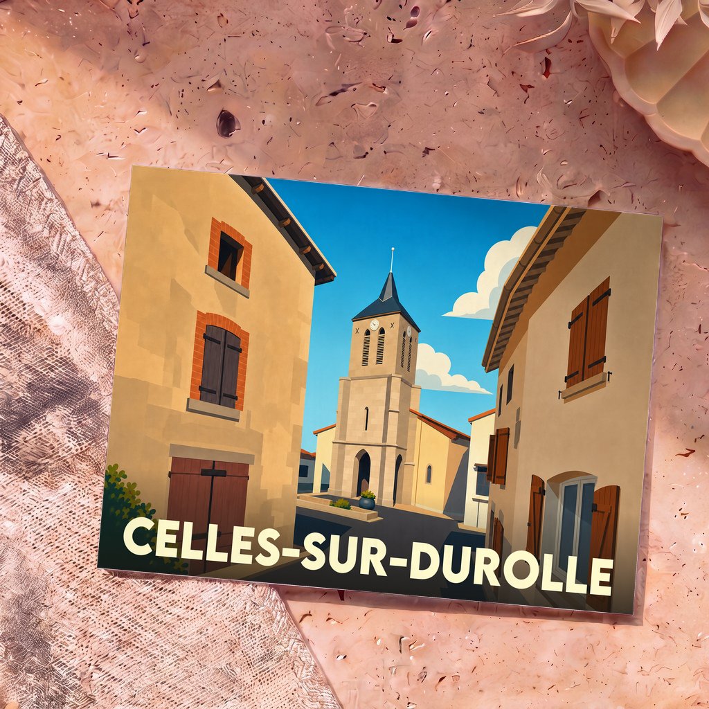 Carte postale souvenir de Celles-sur-Durolle arborant une illustration stylisée de son église et de ses maisons traditionnelles.