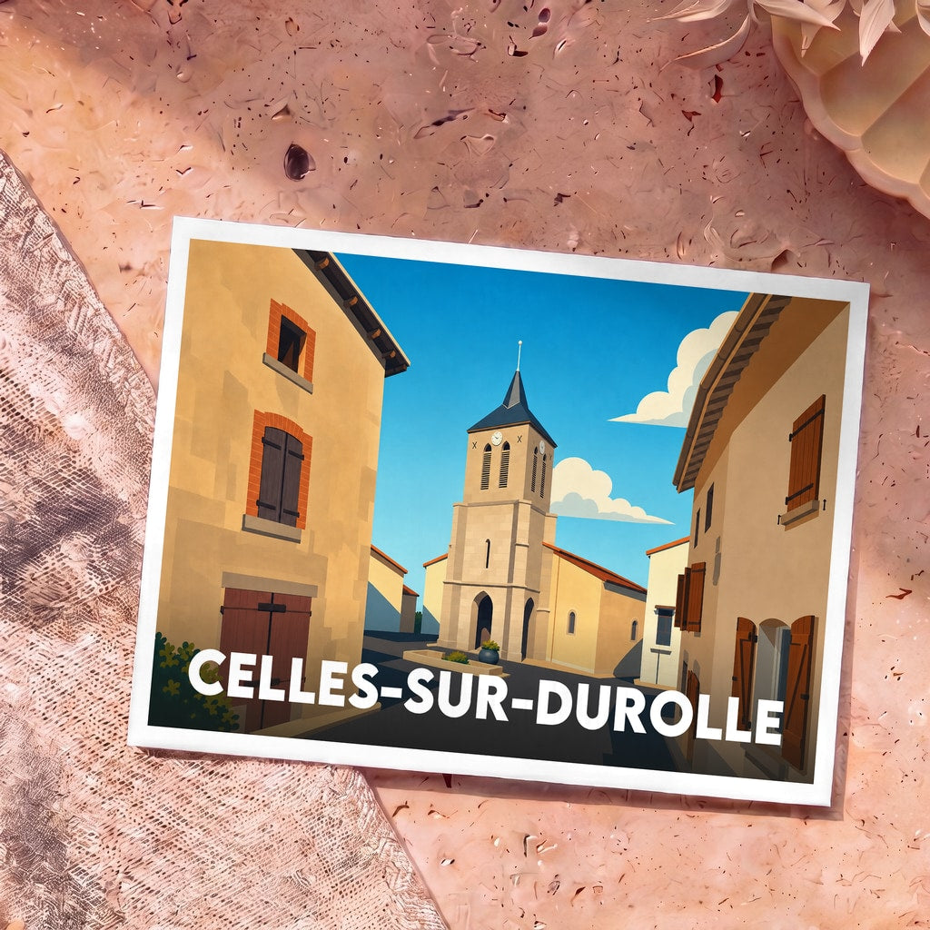 Carte postale souvenir de Celles-sur-Durolle arborant une illustration stylisée de son église et de ses maisons traditionnelles.