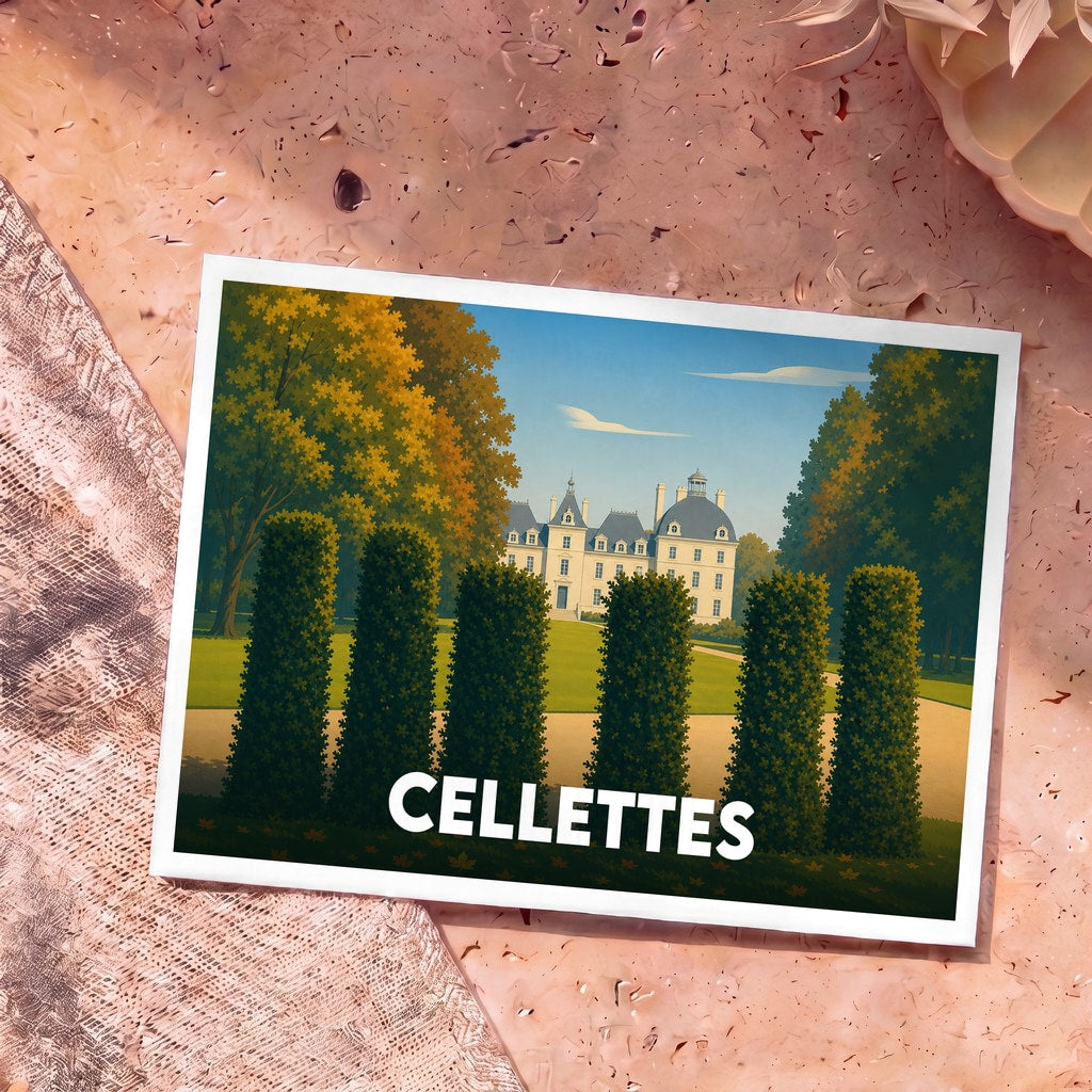 Carte postale souvenir de la ville de Cellettes avec une illustration stylisée de château et de jardins.