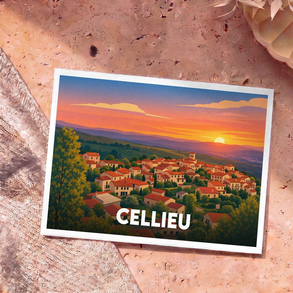 Carte postale souvenir de la ville de Cellieu avec une illustration stylisée d'un village au coucher du soleil.