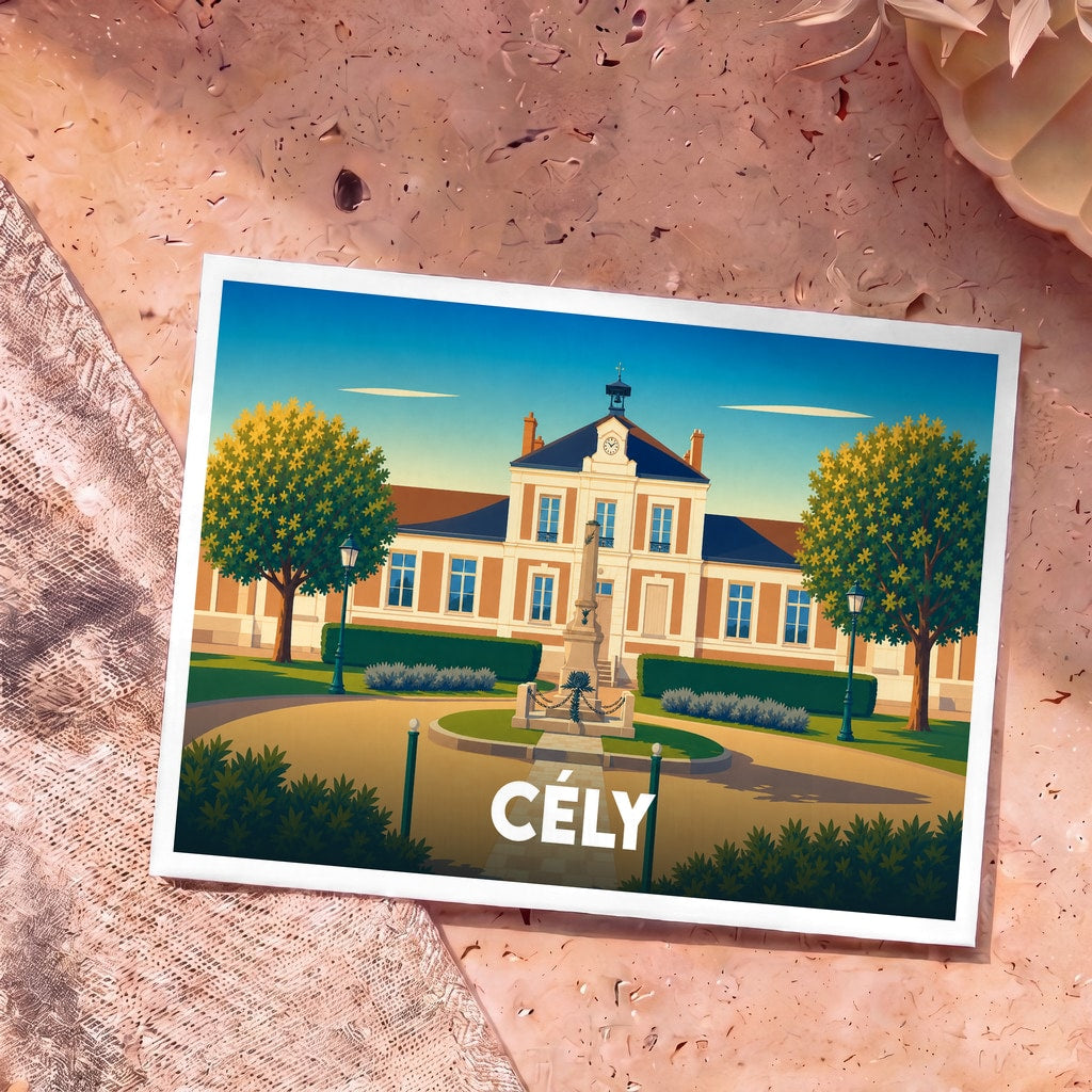 Carte postale souvenir de la ville de Cély avec une illustration stylisée de sa mairie et de son monument aux morts.