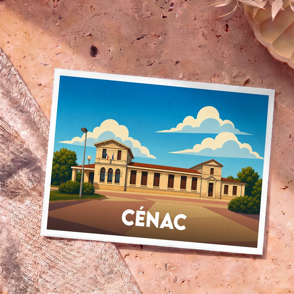 Carte postale souvenir de la ville de Cénac avec une illustration stylisée de sa mairie.