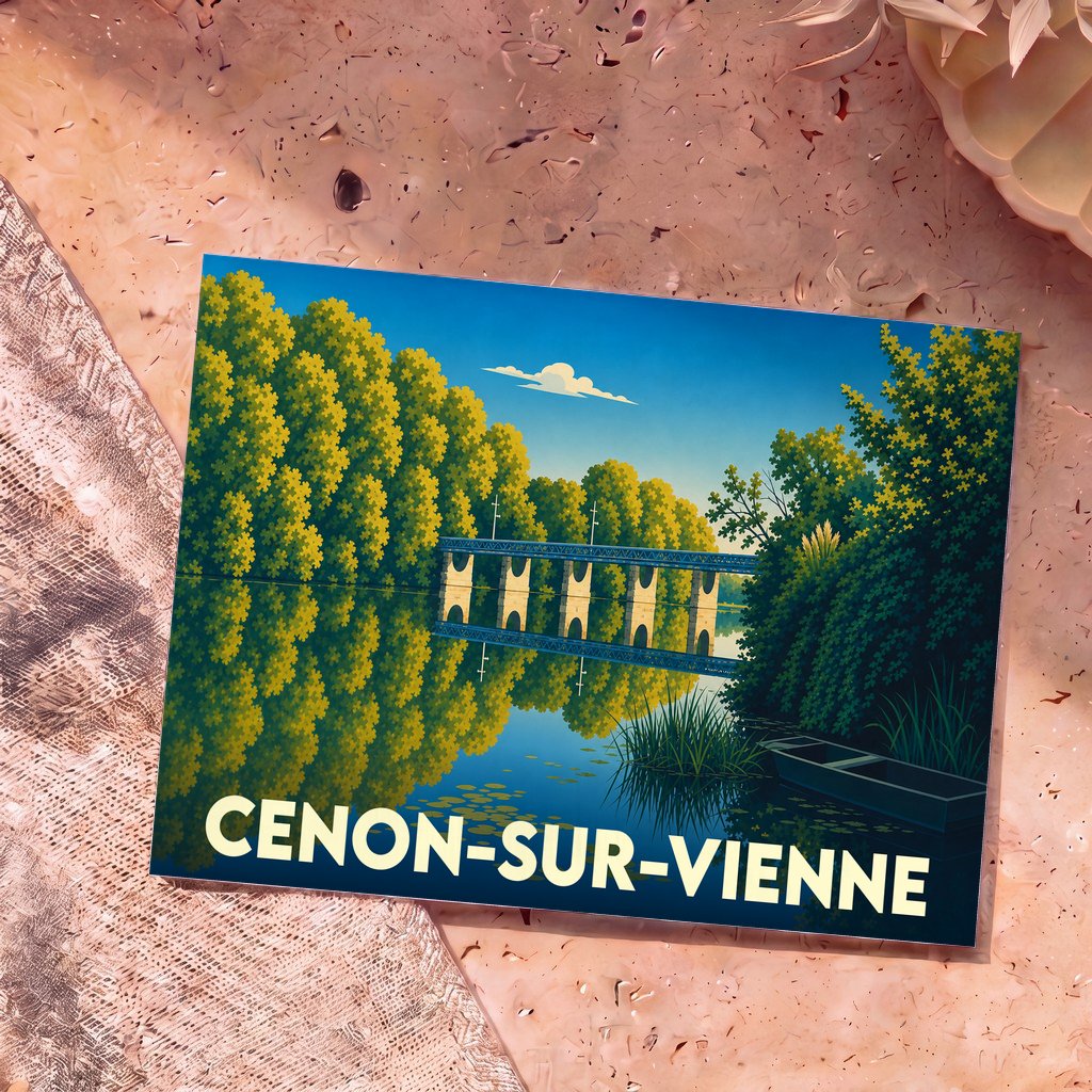 Carte postale souvenir de la ville de Cenon-sur-Vienne avec une illustration stylisée d'un pont se reflétant dans l'eau.