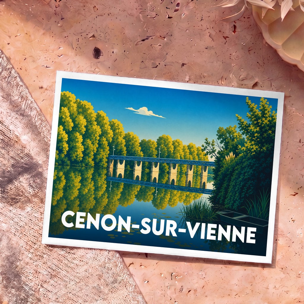 Carte postale souvenir de la ville de Cenon-sur-Vienne avec une illustration stylisée d'un pont se reflétant dans l'eau.