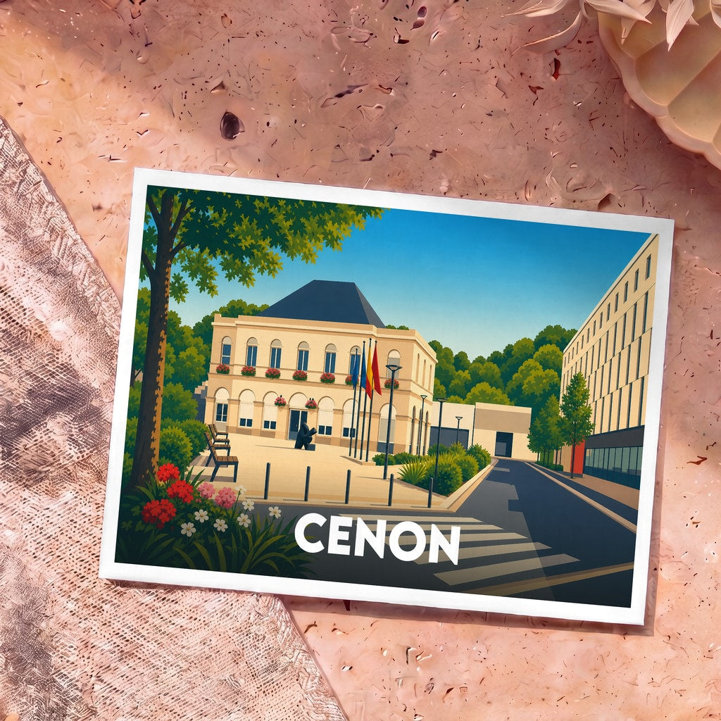 Carte postale souvenir de la ville de Cenon arborant une illustration stylisée de son hôtel de ville.