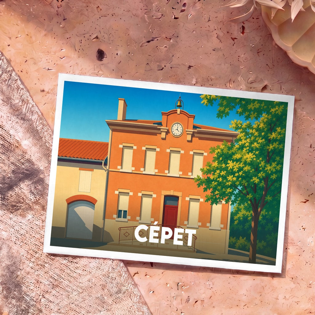 Carte postale souvenir de la ville de Cépet illustrant sa mairie dans un style graphique épuré.