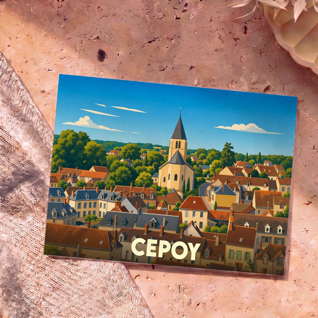 Carte postale souvenir de la ville de Cepoy illustrée d'une vue plongeante stylisée sur ses toits et son église.