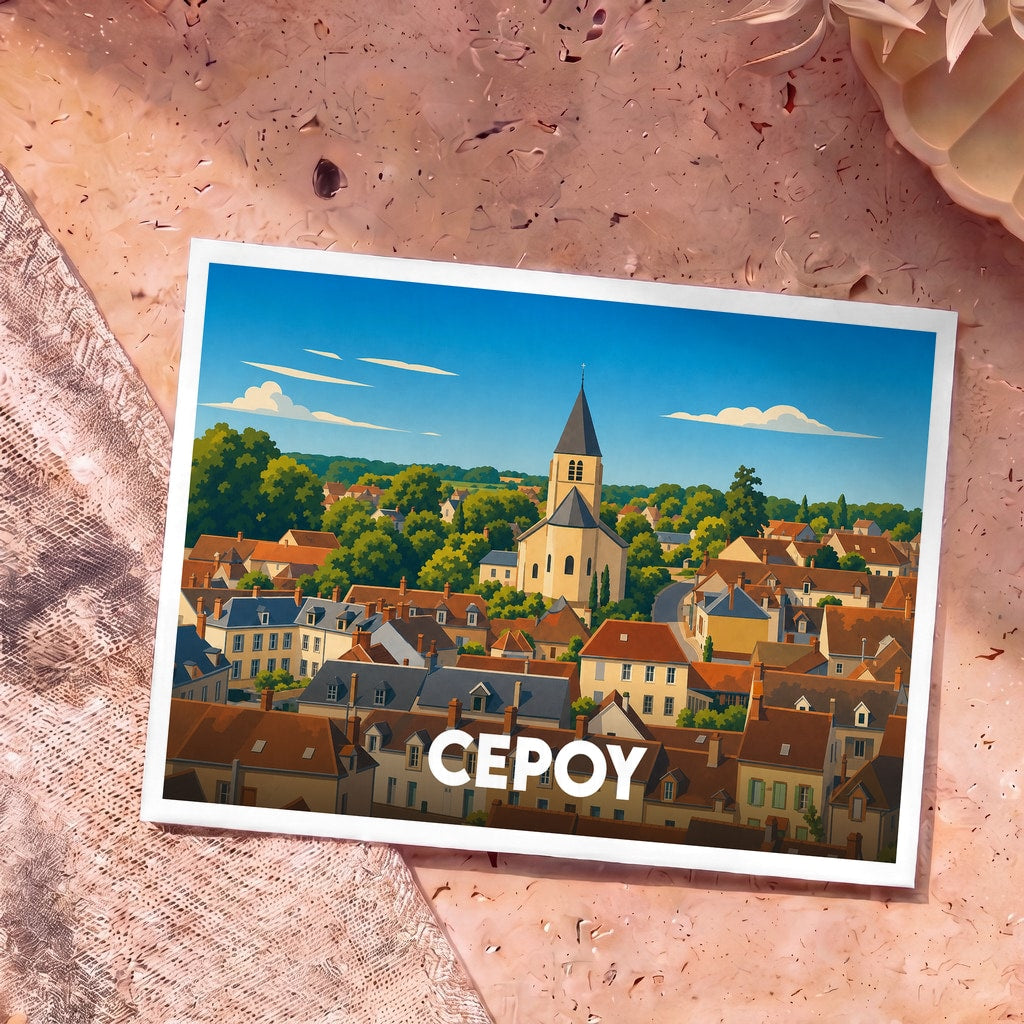 Carte postale souvenir de la ville de Cepoy illustrée d'une vue plongeante stylisée sur ses toits et son église.