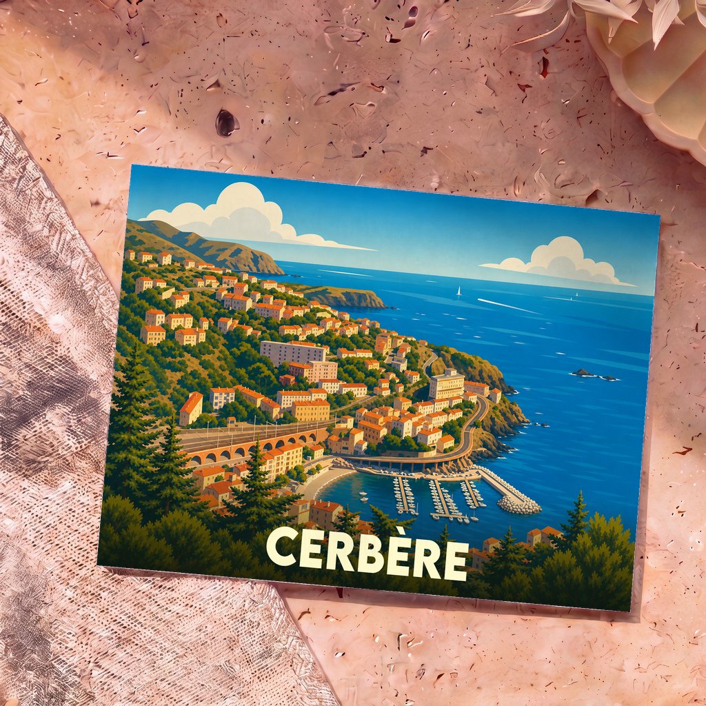 Carte postale souvenir de la ville de Cerbère avec une illustration stylisée de son front de mer.