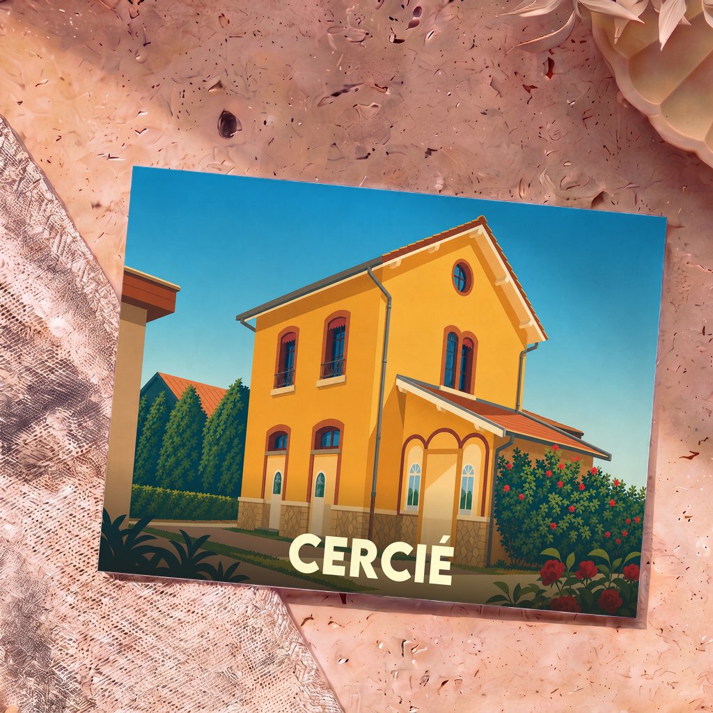Carte postale souvenir de la ville de Cercié avec une illustration stylisée d'une maison jaune traditionnelle.