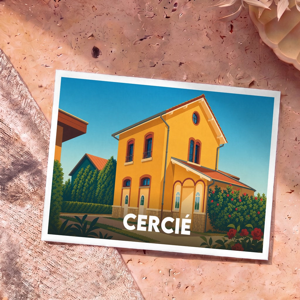 Carte postale souvenir de la ville de Cercié avec une illustration stylisée d'une maison jaune traditionnelle.