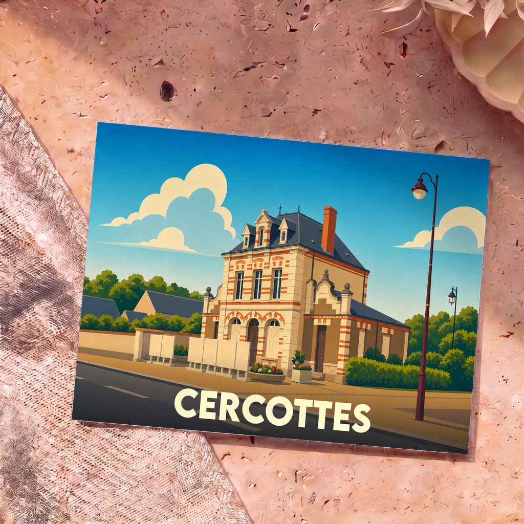 Carte postale souvenir de la ville de Cercottes avec une illustration stylisée de sa mairie.