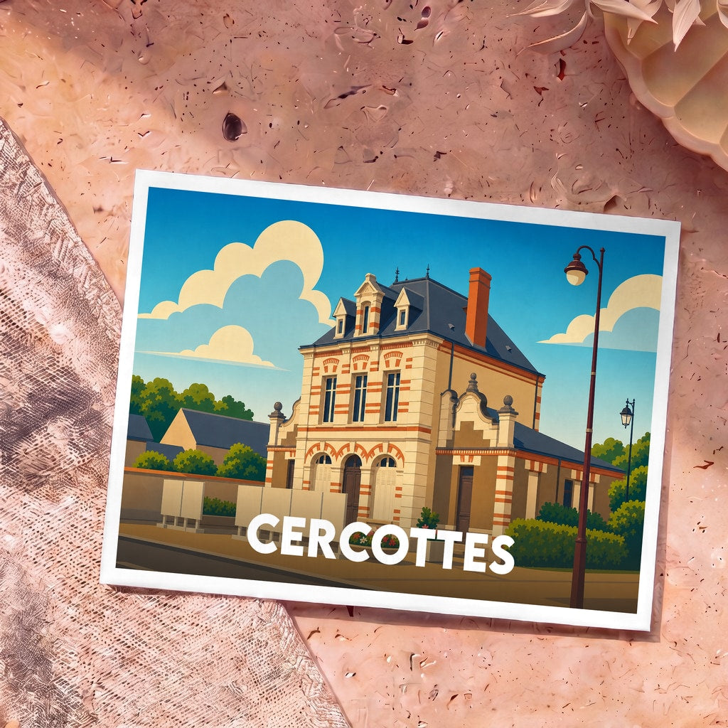 Carte postale souvenir de la ville de Cercottes avec une illustration stylisée de sa mairie.