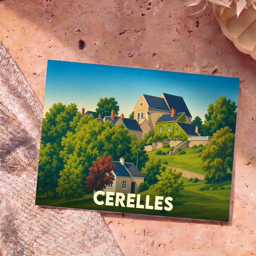 Carte postale souvenir de la ville de Cerelles avec une illustration stylisée de son paysage vallonné.