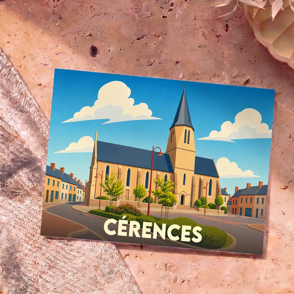 Carte postale souvenir de la ville de Cérences avec une illustration stylisée de son église et de ses rues.