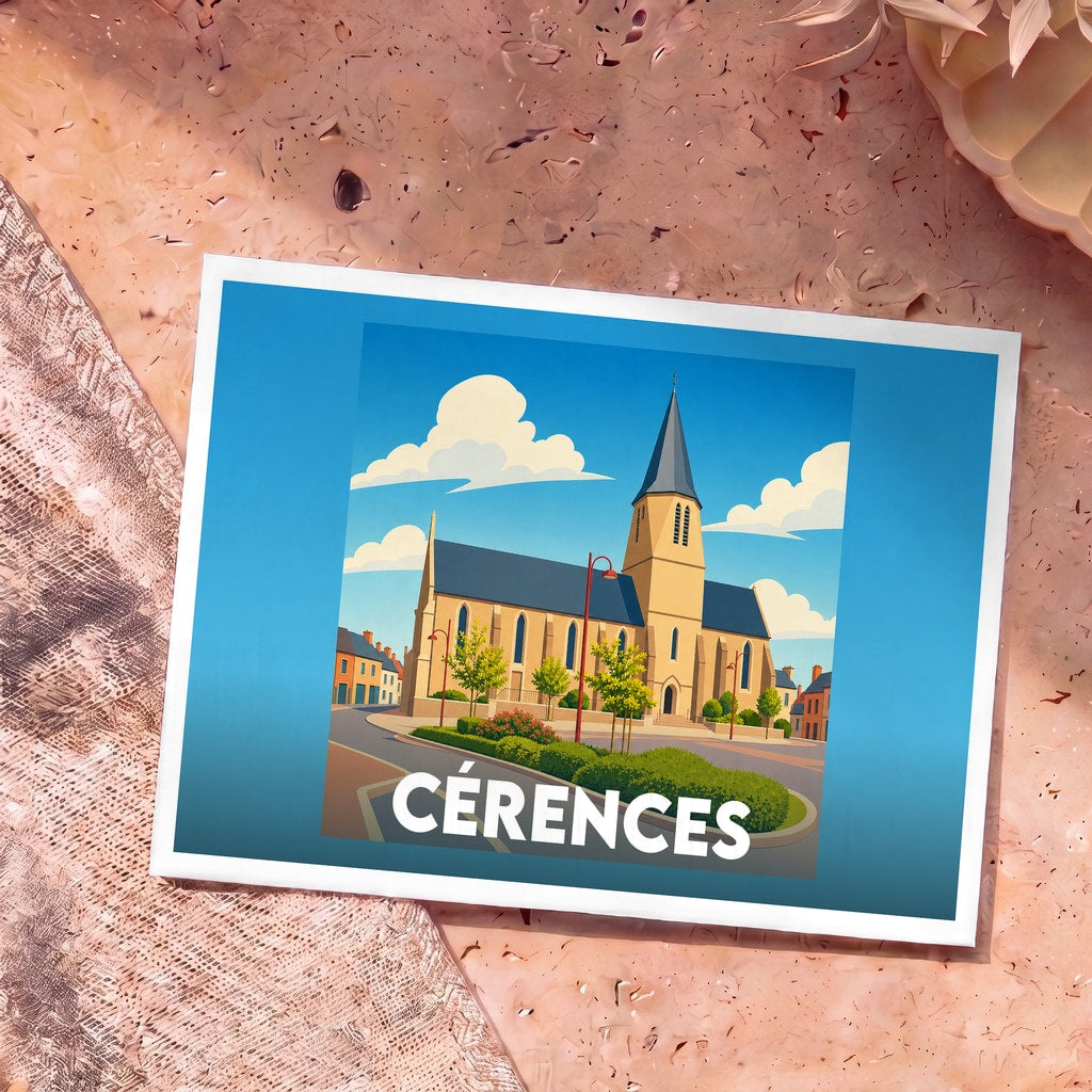 Carte postale souvenir de la ville de Cérences avec une illustration stylisée de son église et de ses rues.