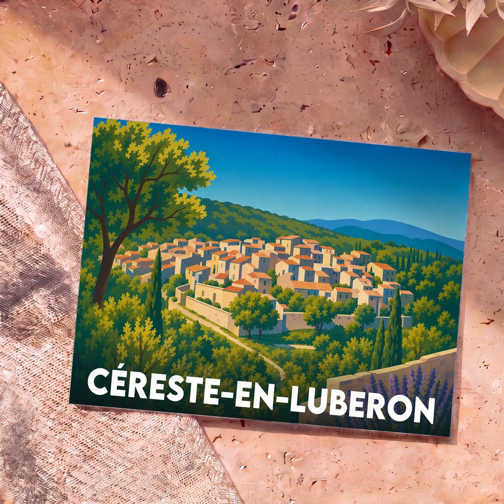 Carte postale souvenir de la ville de Céreste-en-Luberon avec une illustration stylisée d'un village provençal niché dans la verdure.