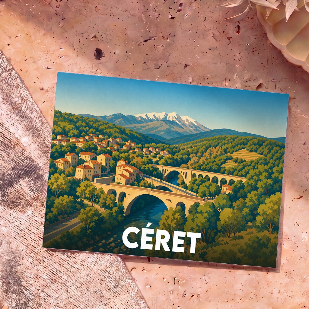 Carte postale souvenir de la ville de Céret avec une illustration stylisée représentant ses ponts emblématiques et les montagnes enneigées.