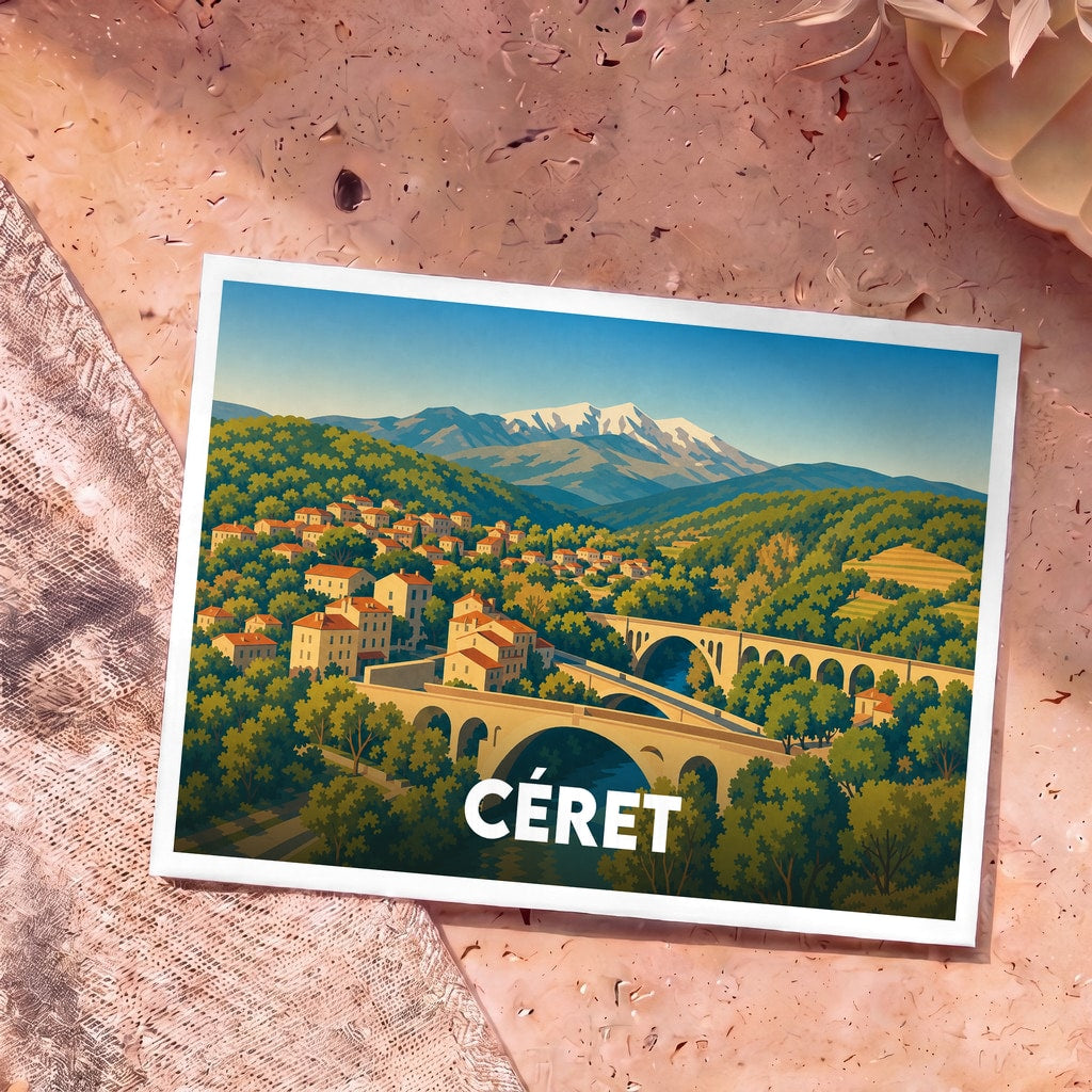 Carte postale souvenir de la ville de Céret avec une illustration stylisée représentant ses ponts emblématiques et les montagnes enneigées.