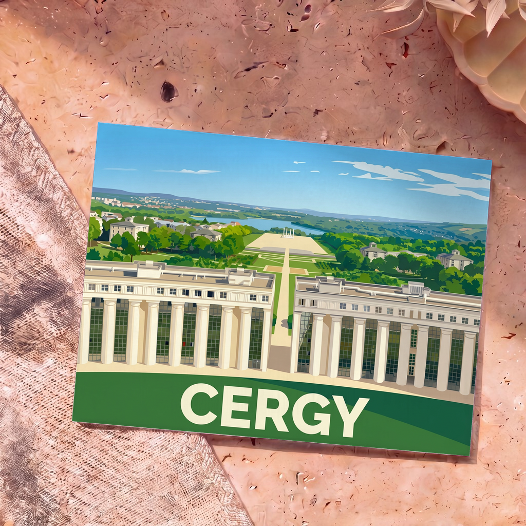 Carte postale souvenir de la ville de Cergy avec une illustration stylisée de l'Axe Majeur.