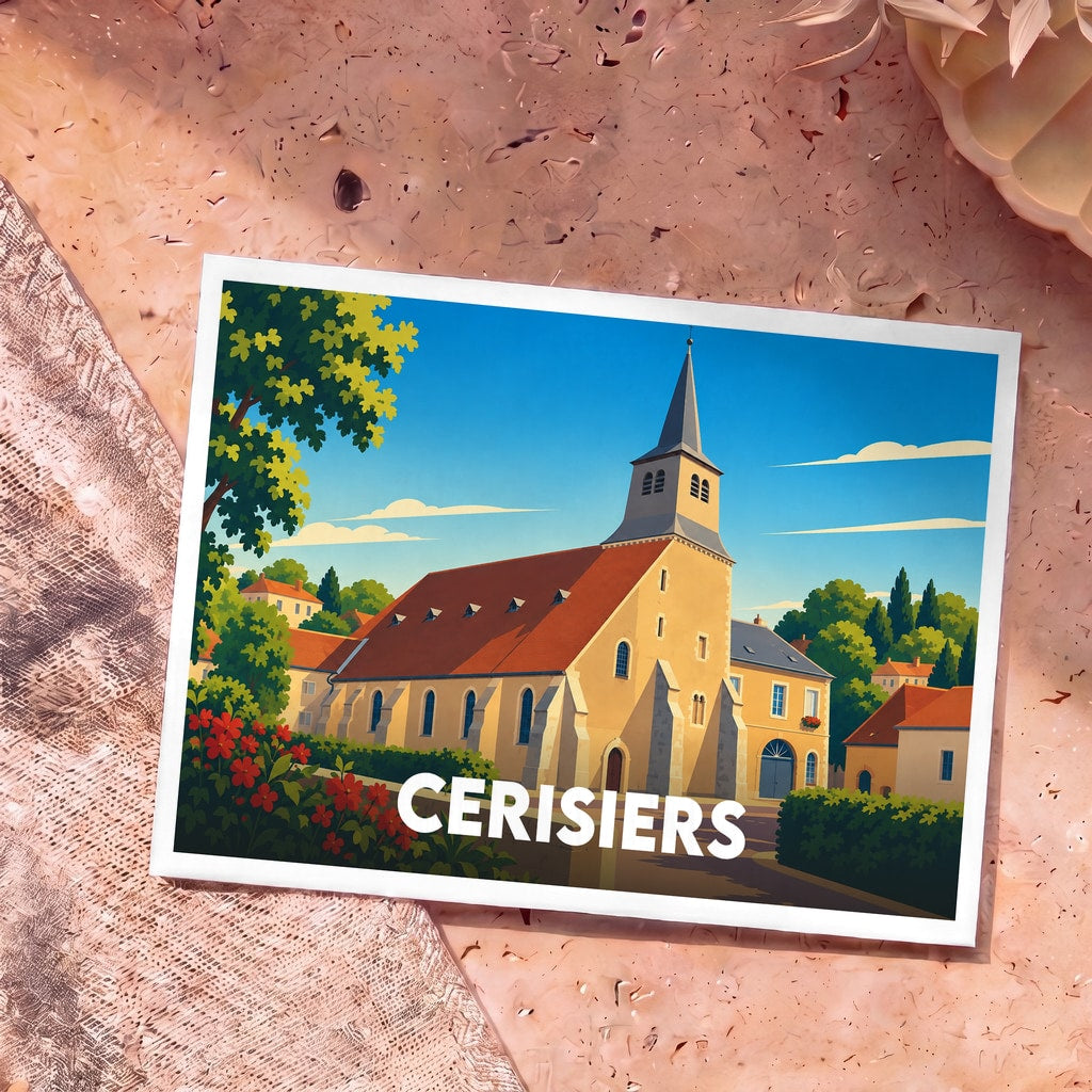 Carte postale souvenir de la ville de Cerisiers avec une illustration stylisée de son église sous un ciel bleu.