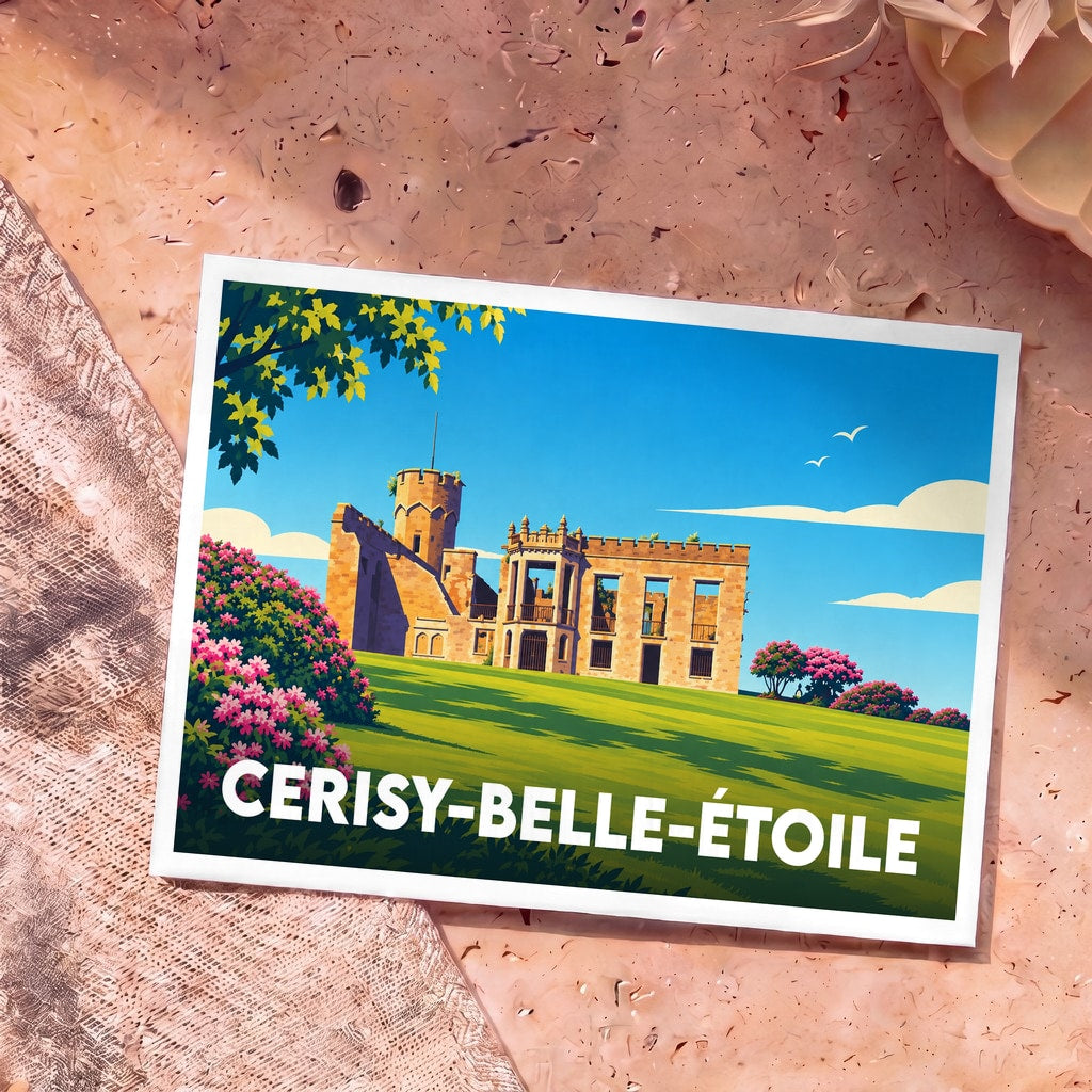 Carte postale souvenir de la ville de Cerisy-Belle-Étoile avec une illustration stylisée d'un château en ruines.