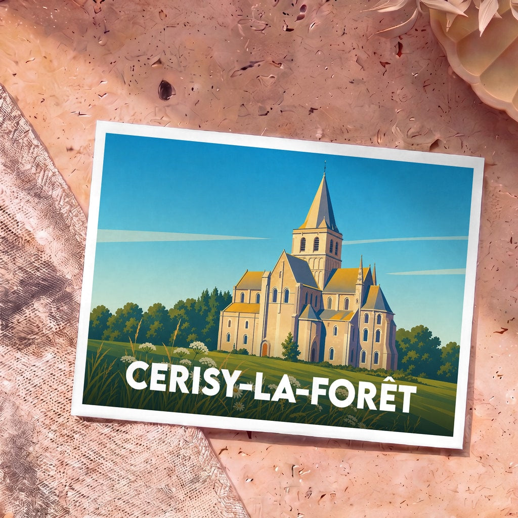 Carte postale souvenir de Cerisy-la-Forêt illustrant son abbaye avec un style graphique épuré.