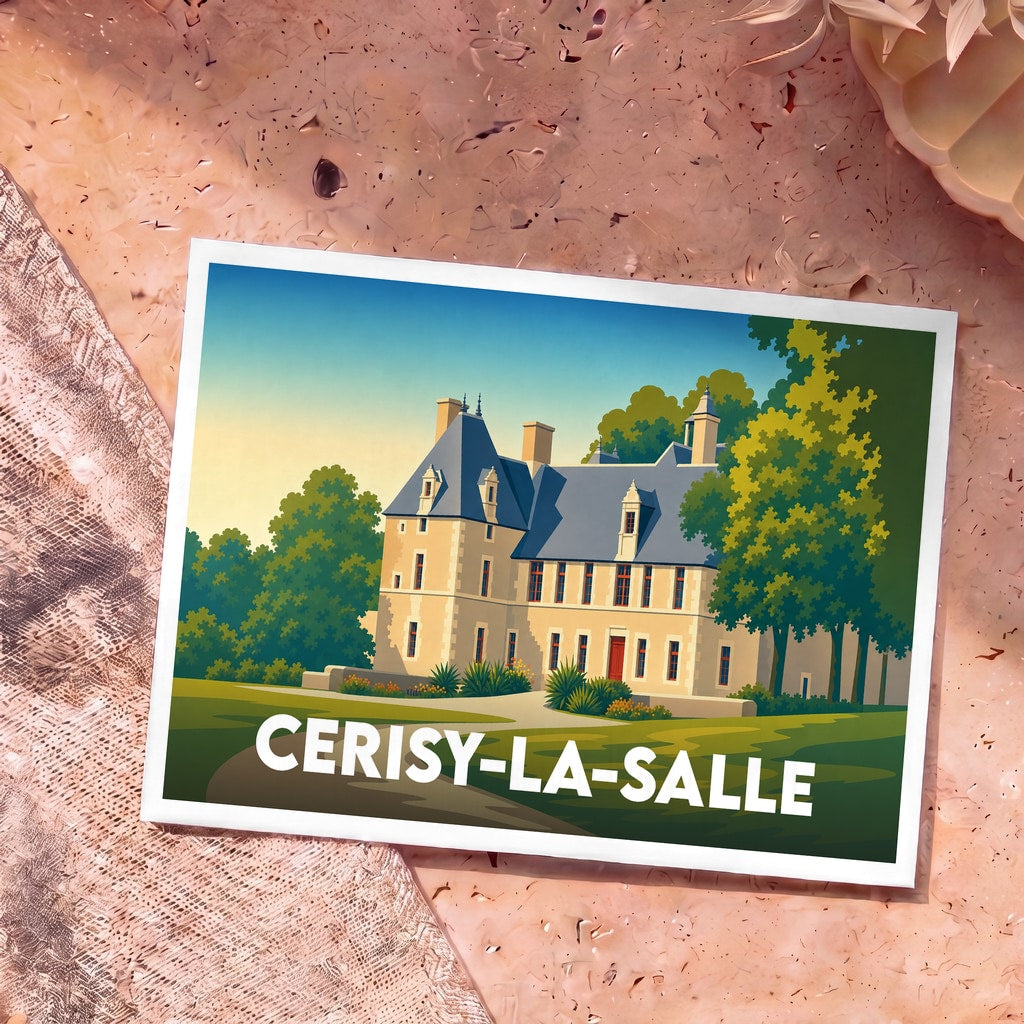 Carte postale souvenir de la ville de Cerisy-la-Salle avec une illustration stylisée de son château.