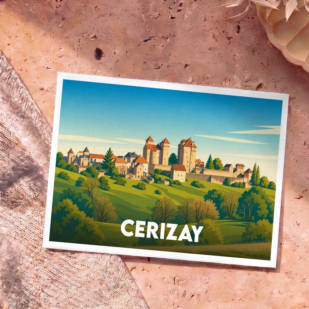 Carte postale souvenir de la ville de Cerizay avec une illustration stylisée de son patrimoine architectural et paysager.