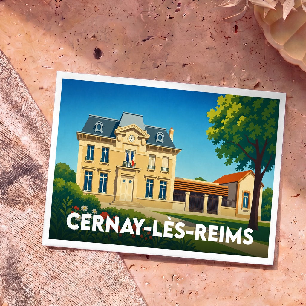 Carte postale souvenir de Cernay-lès-Reims illustrant sa mairie dans un style graphique et coloré.