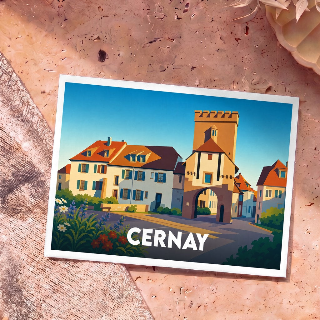 Carte postale souvenir de la ville de Cernay avec une illustration stylisée de son architecture historique.