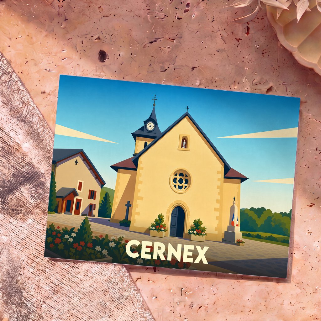 Carte postale souvenir de la ville de Cernex avec une illustration stylisée de son église.