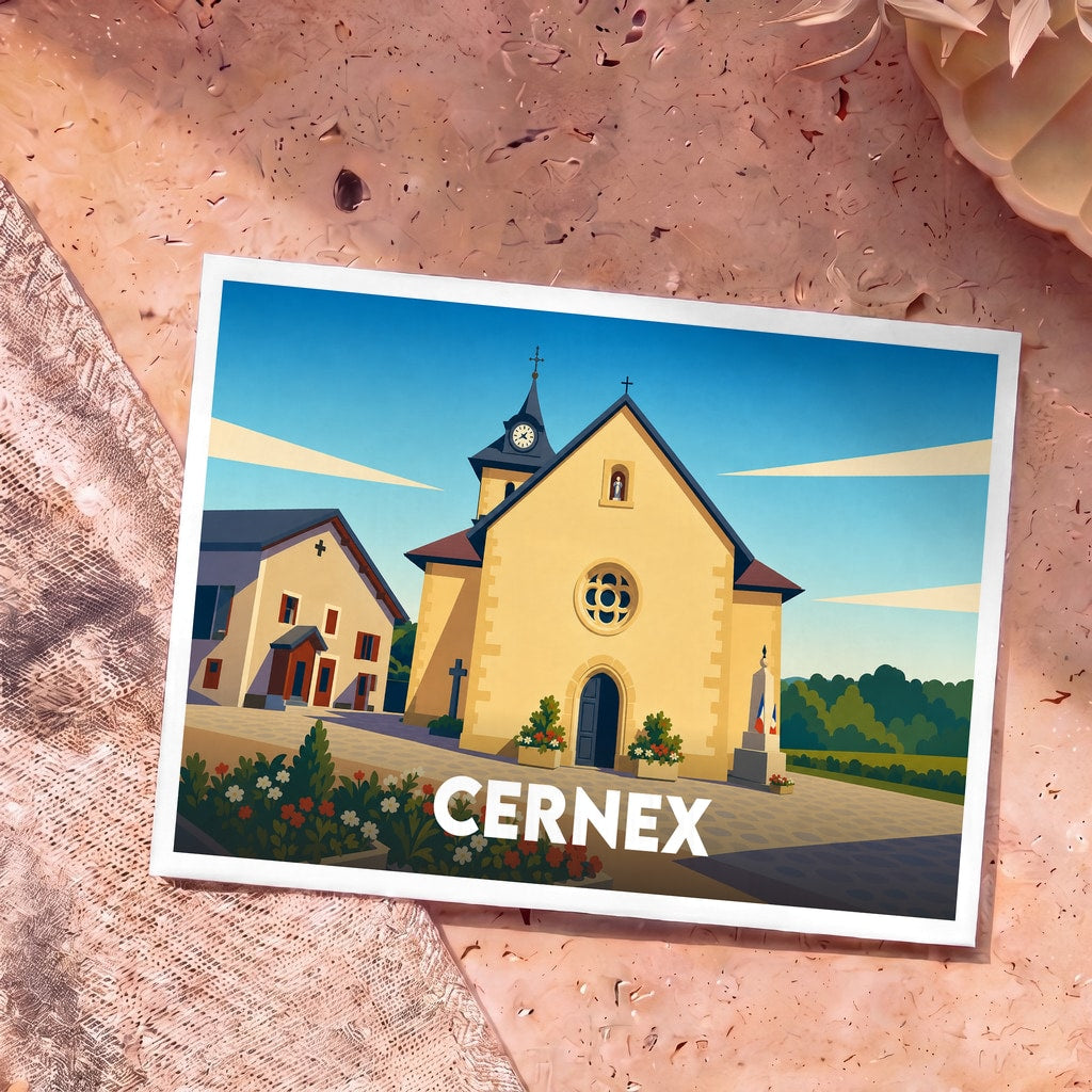 Carte postale souvenir de la ville de Cernex avec une illustration stylisée de son église.