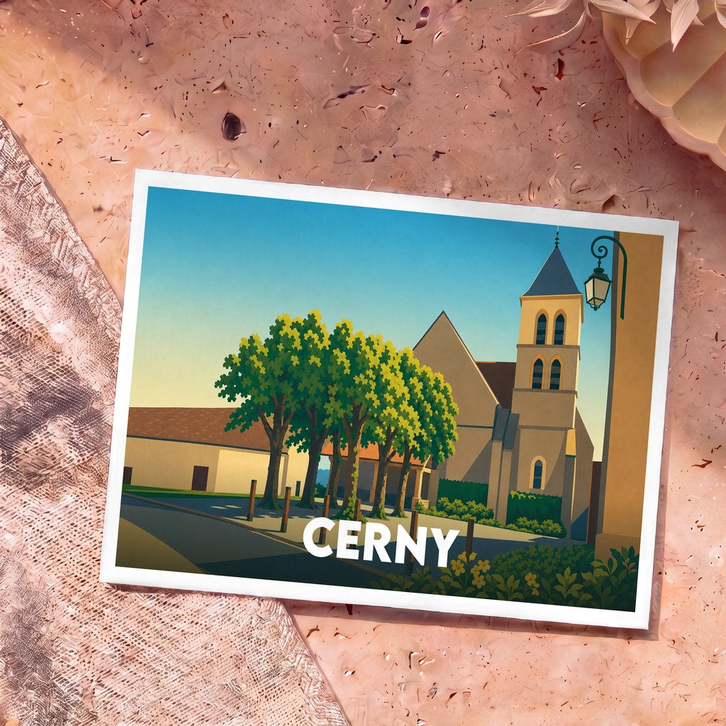 Carte postale souvenir de la ville de Cerny avec une illustration stylisée de son église et de sa place.