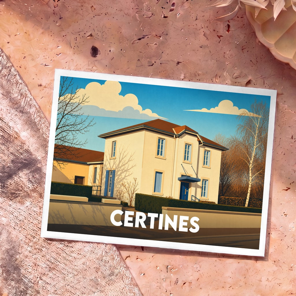 Carte postale souvenir de la ville de Certines avec une illustration stylisée de sa mairie.