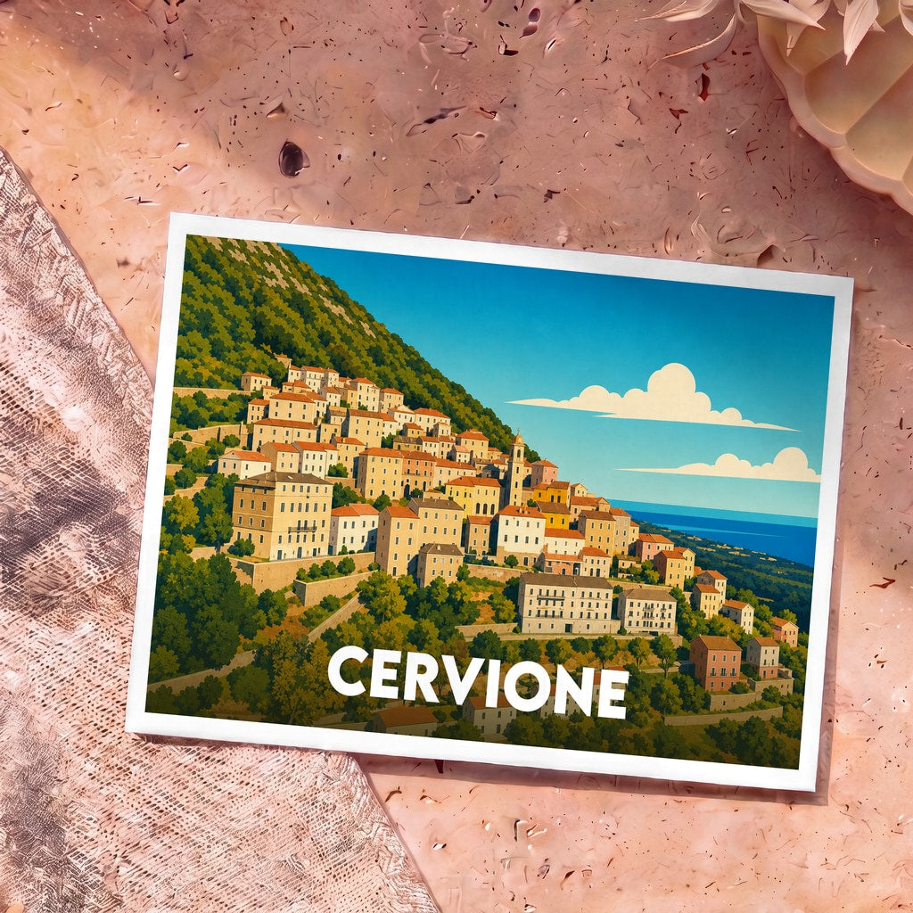 Carte postale souvenir de la ville de Cervione avec une illustration stylisée d'un village corse à flanc de montagne.