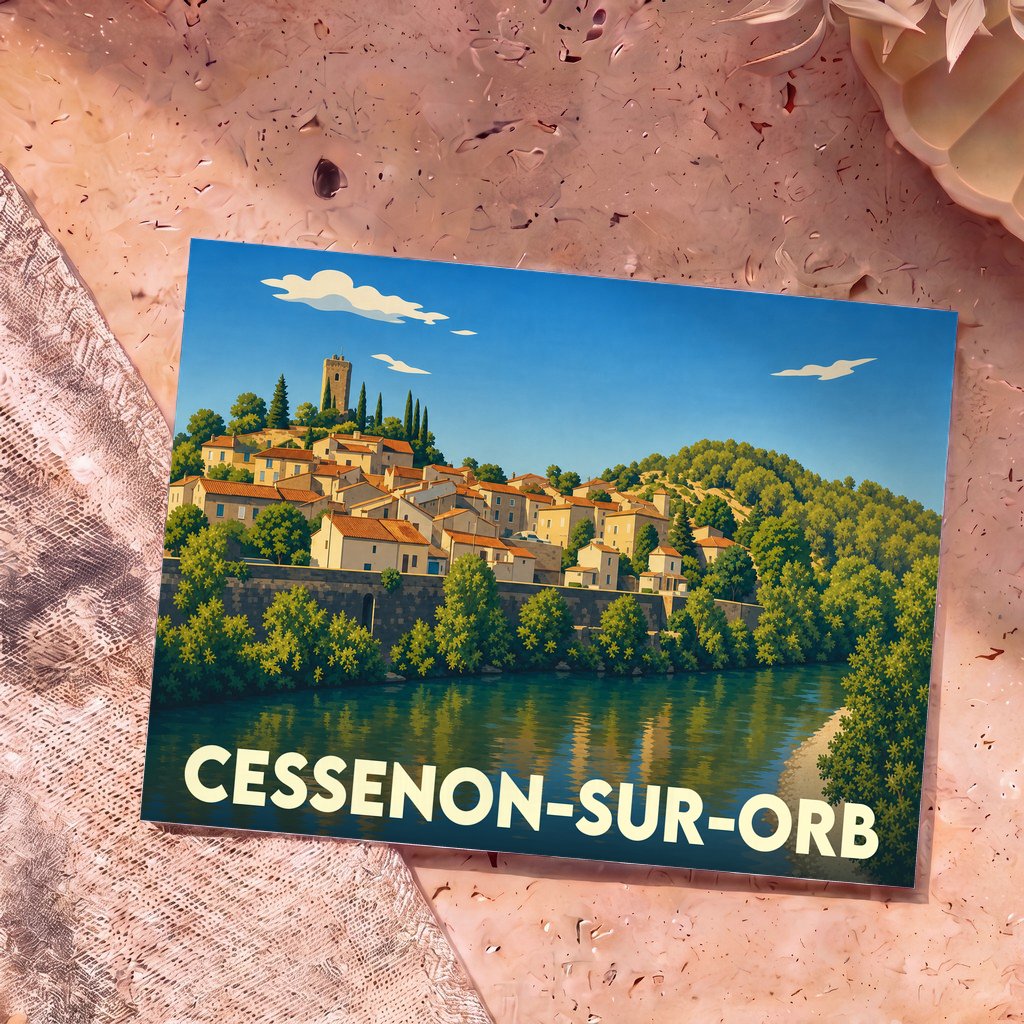 Carte postale souvenir de la ville de Cessenon-sur-Orb avec une illustration stylisée.