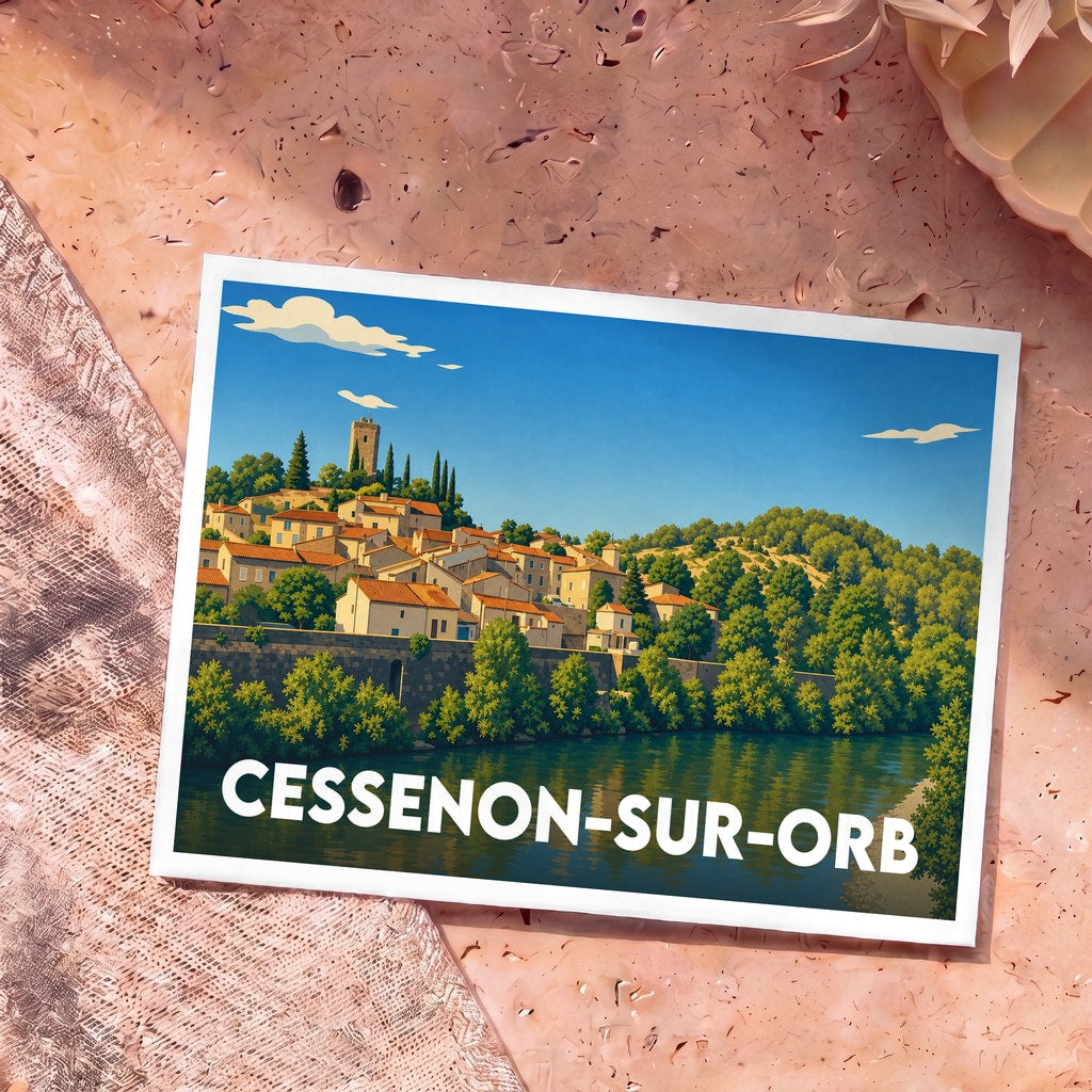 Carte postale souvenir de la ville de Cessenon-sur-Orb avec une illustration stylisée.