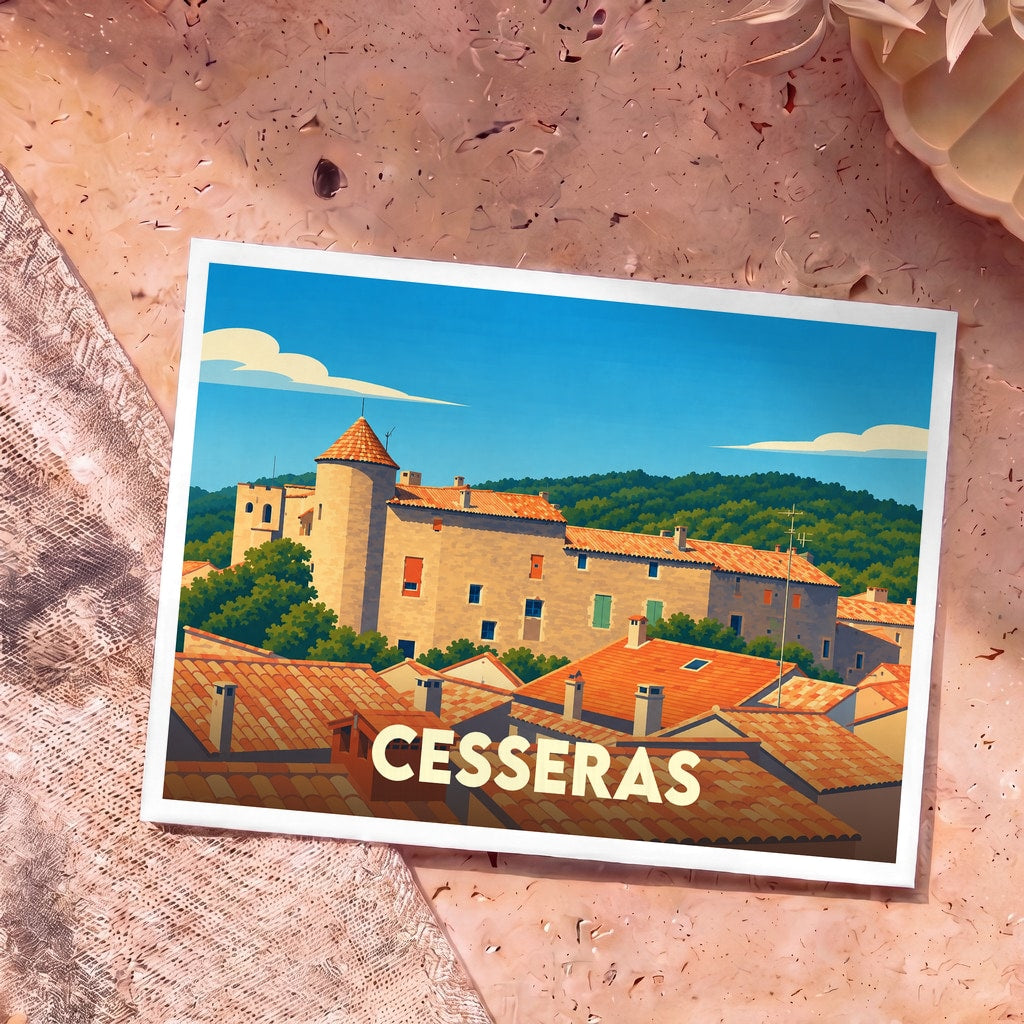 Carte postale souvenir de la ville de Cesseras avec une illustration stylisée de ses toits orangés et de son château.