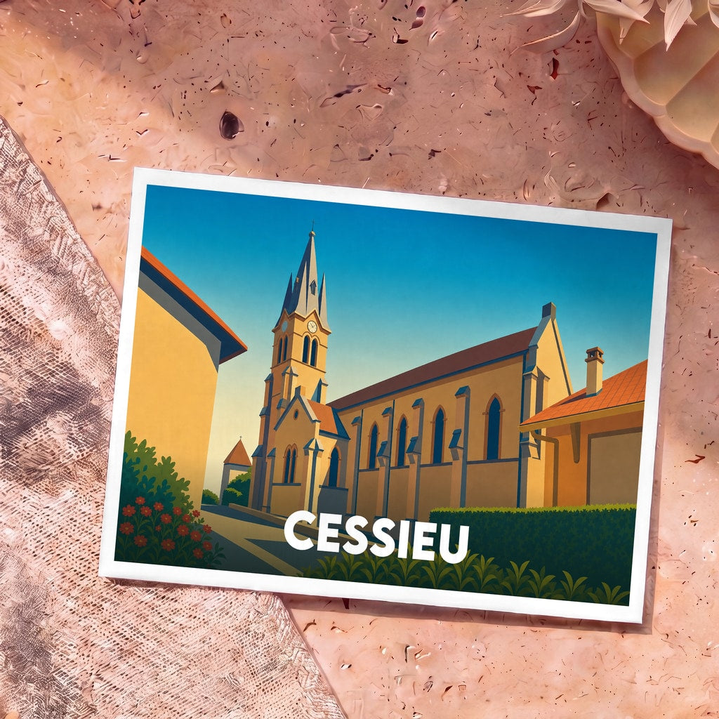 Carte postale souvenir de la ville de Cessieu avec une illustration stylisée de son église sous un ciel bleu.