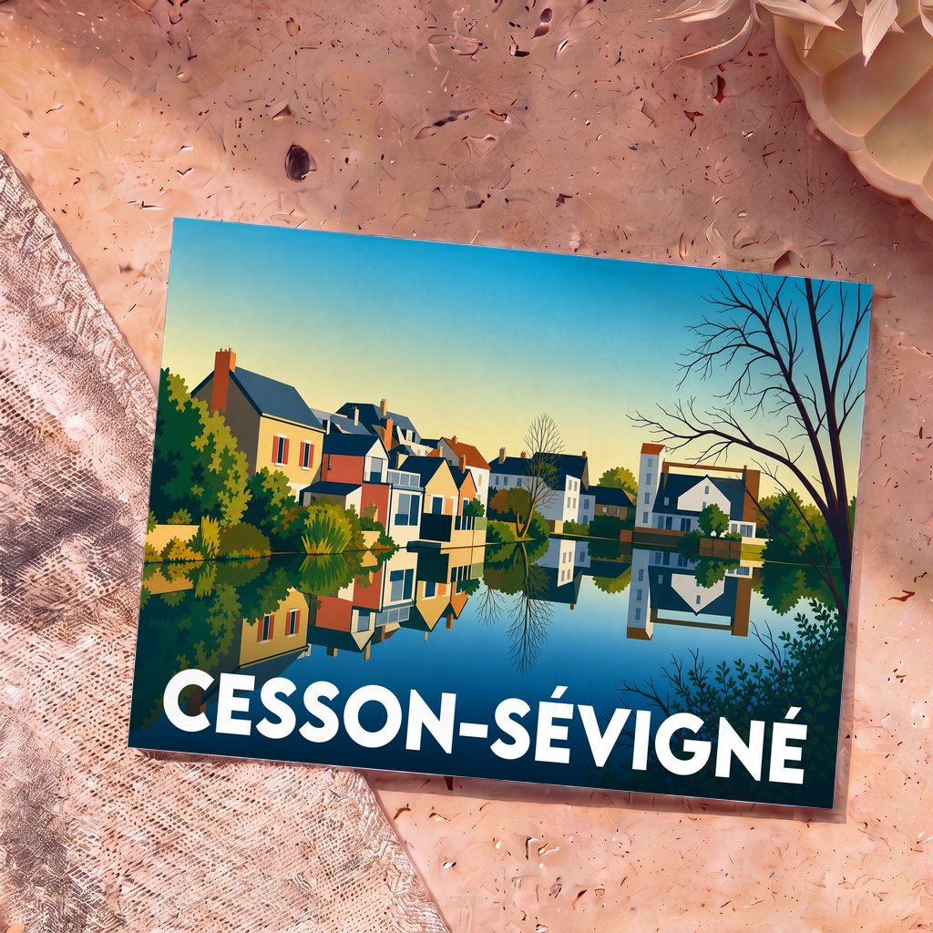 Carte postale souvenir de la ville de Cesson-Sévigné avec une illustration stylisée de maisons bordant l'eau.