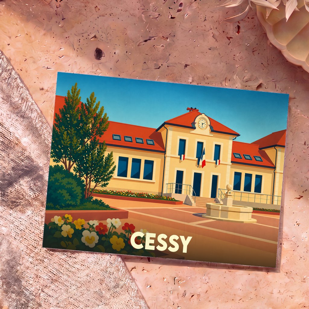 Carte postale souvenir de la ville de Cessy arborant une illustration stylisée de sa mairie.
