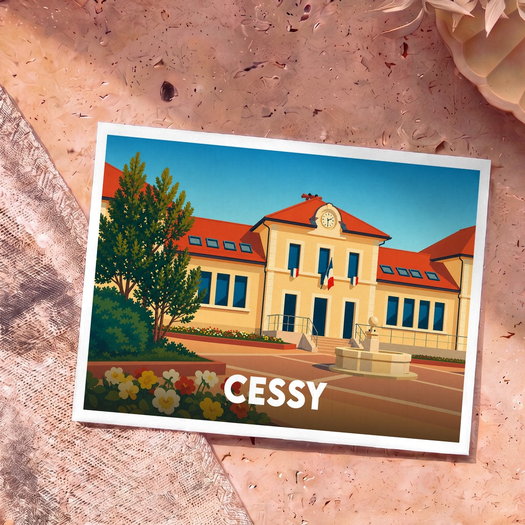 Carte postale souvenir de la ville de Cessy arborant une illustration stylisée de sa mairie.