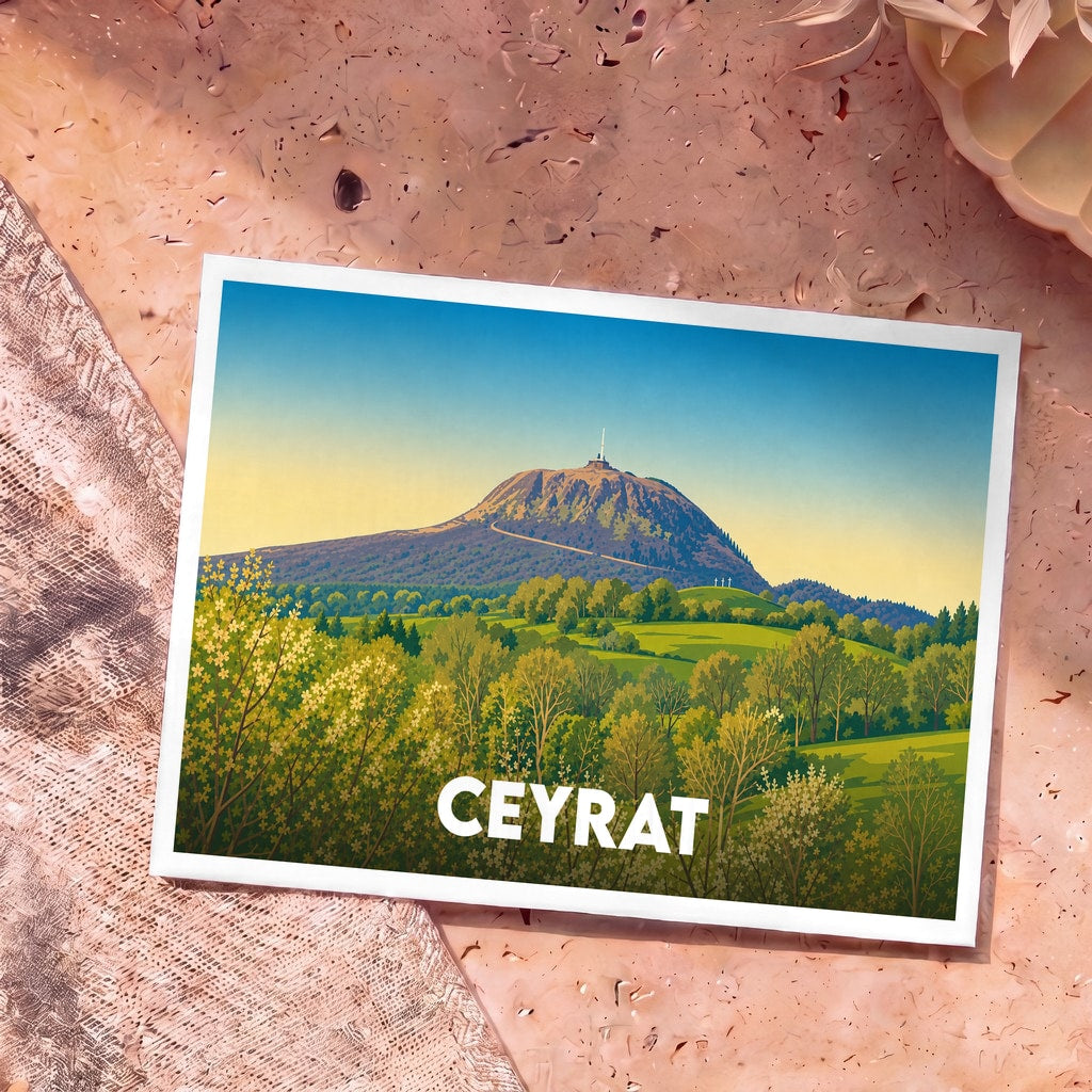 Carte postale souvenir de la ville de Ceyrat illustrant le Puy de Dôme dans un style rétro.
