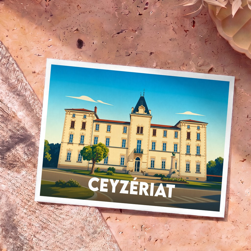 Carte postale souvenir de la ville de Ceyzériat avec une illustration stylisée de son hôtel de ville.