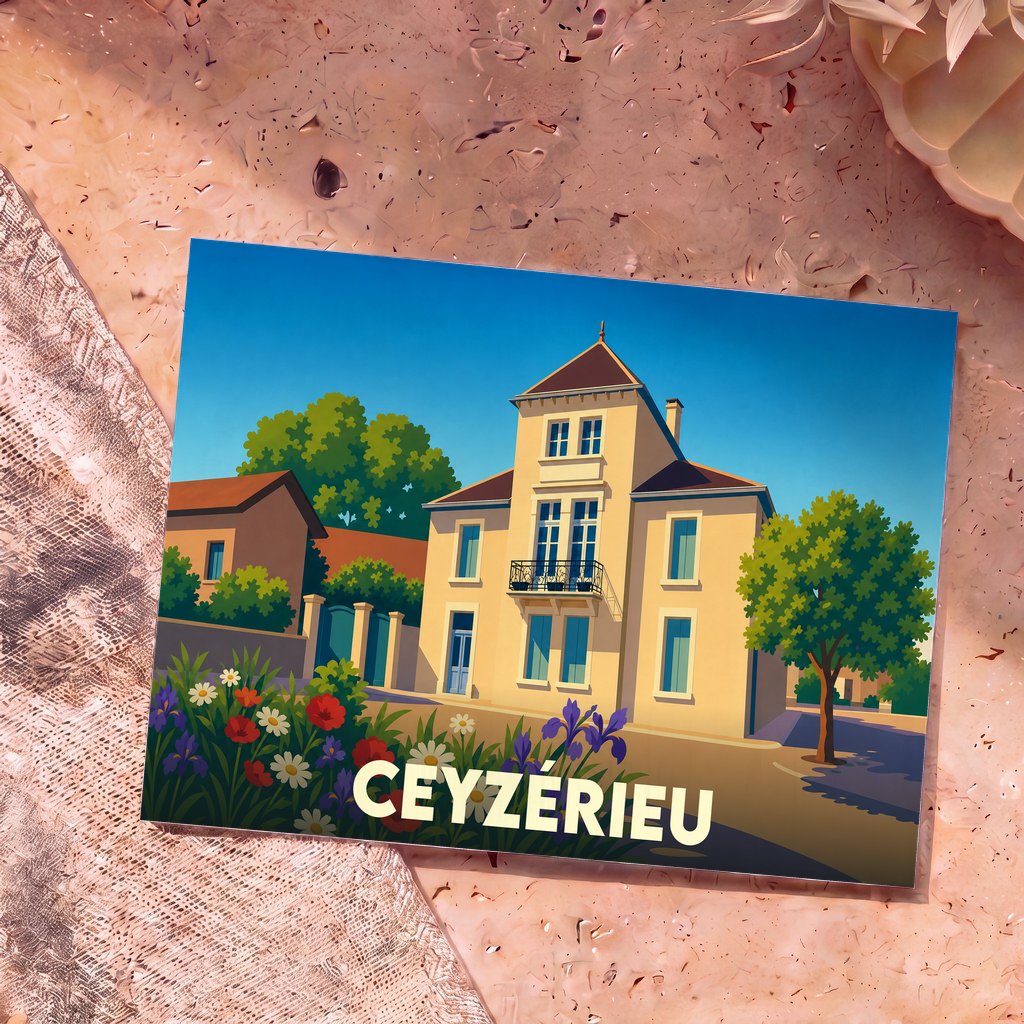 Carte postale souvenir de la ville de Ceyzérieu avec une illustration stylisée d'une maison de maître fleurie.