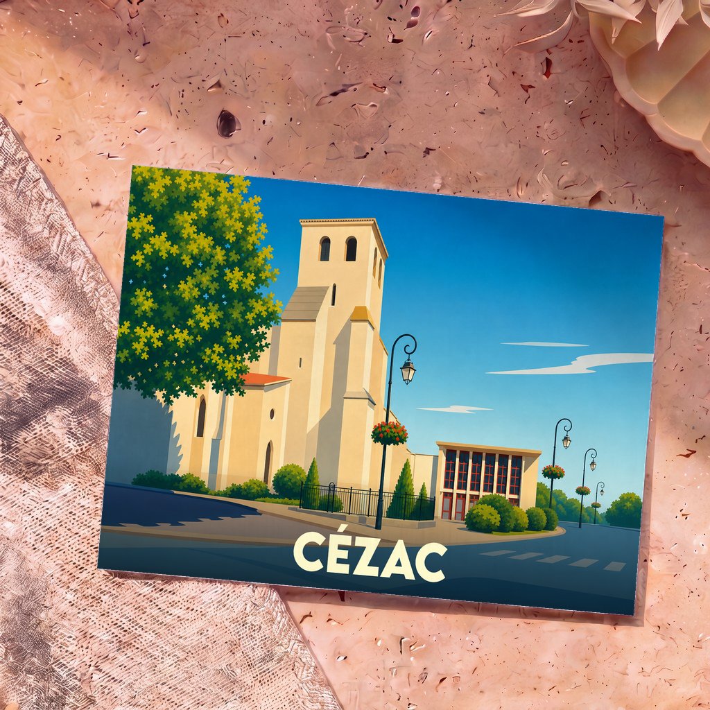 Carte postale souvenir de la ville de Cézac avec une illustration stylisée de son église sous un ciel bleu.
