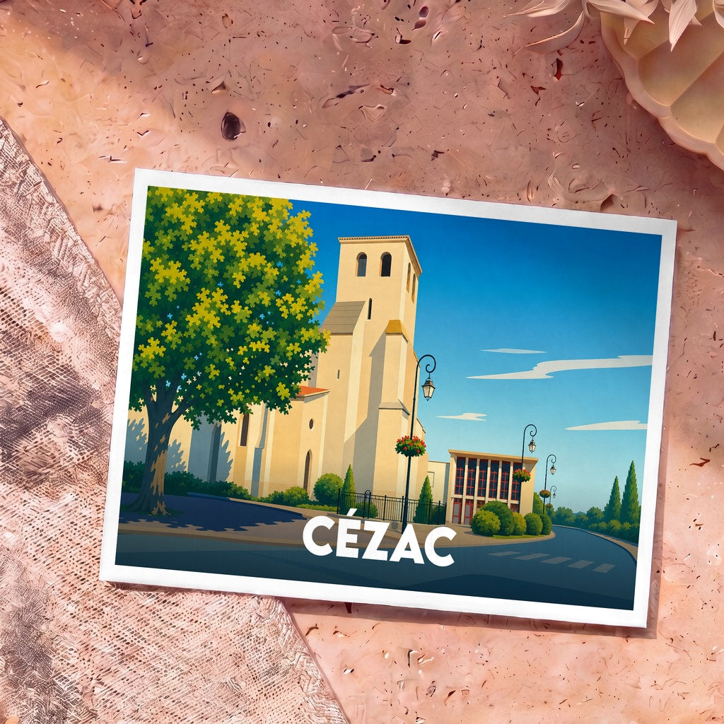 Carte postale souvenir de la ville de Cézac avec une illustration stylisée de son église sous un ciel bleu.